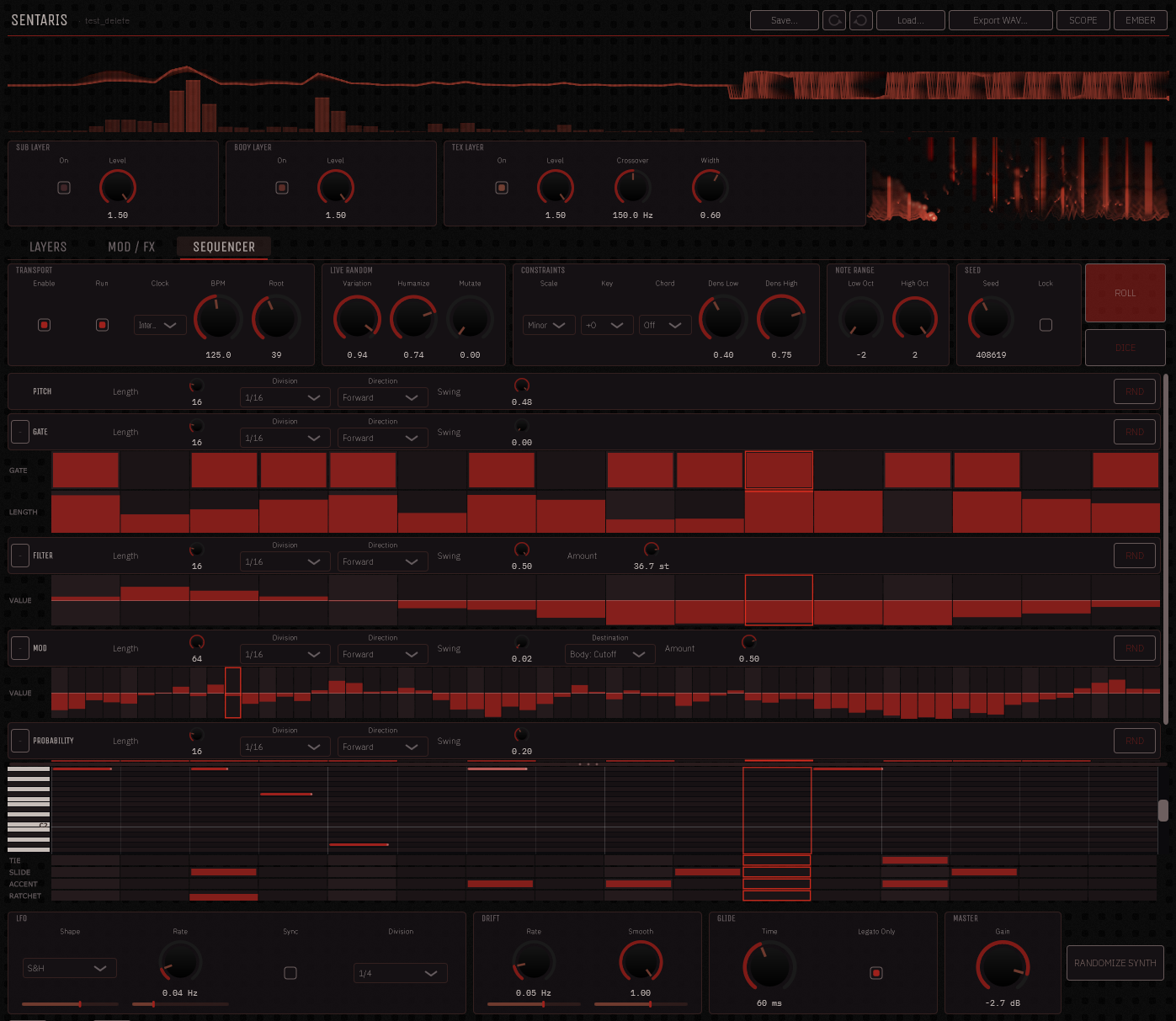 The Sentaris Bass interface, showing the layer strip, the seismograph output trace, the five-lane step sequencer with pitch, gate, filter, modulation and probability lanes, the piano roll, and the LFO, drift, glide and master strip.