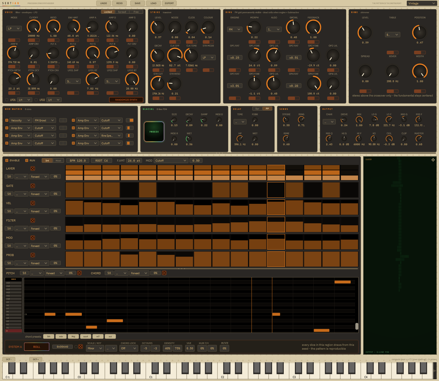 The Sertian interface, showing the Voice, Strike, Ring and Rime source panels across the top, the modulation matrix, Glacial reverb with its freeze control, delay, sends and output sections, the polymetric lane sequencer, the pitch and chord roll, and the vertical Glacier display.